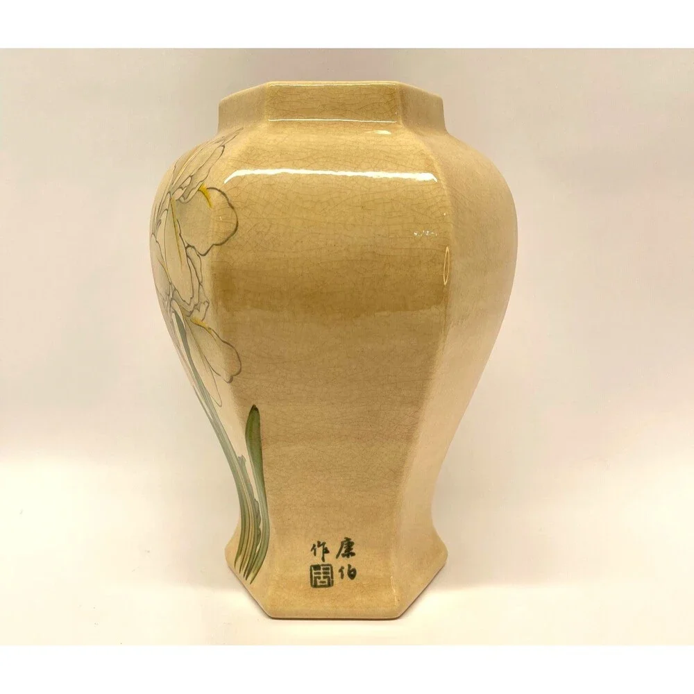 Vintage 10” Hand Decorated Iris Butterfly Ceramic Vase Signed Teri-Crazed Glaze